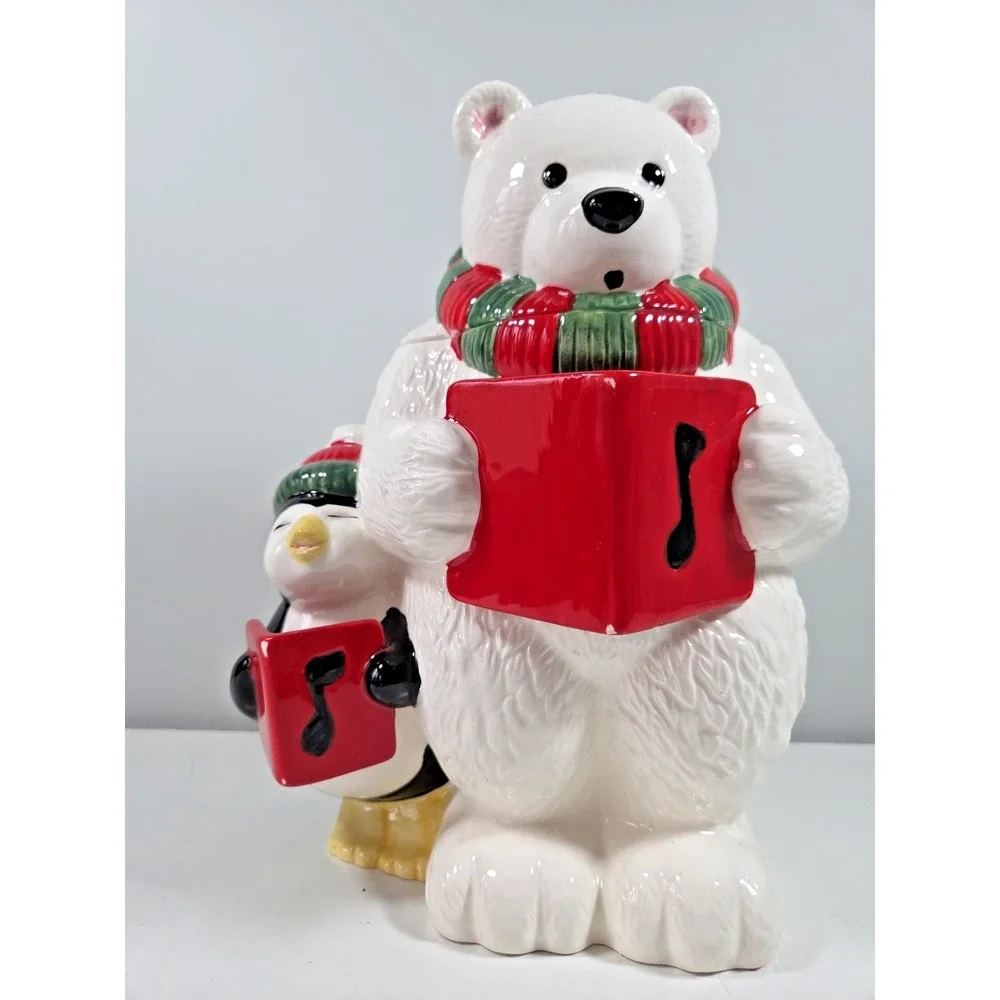 Vintage Rare  Hand Painted CELLAR Bear & Penguin Cookie Jar Original Box‎